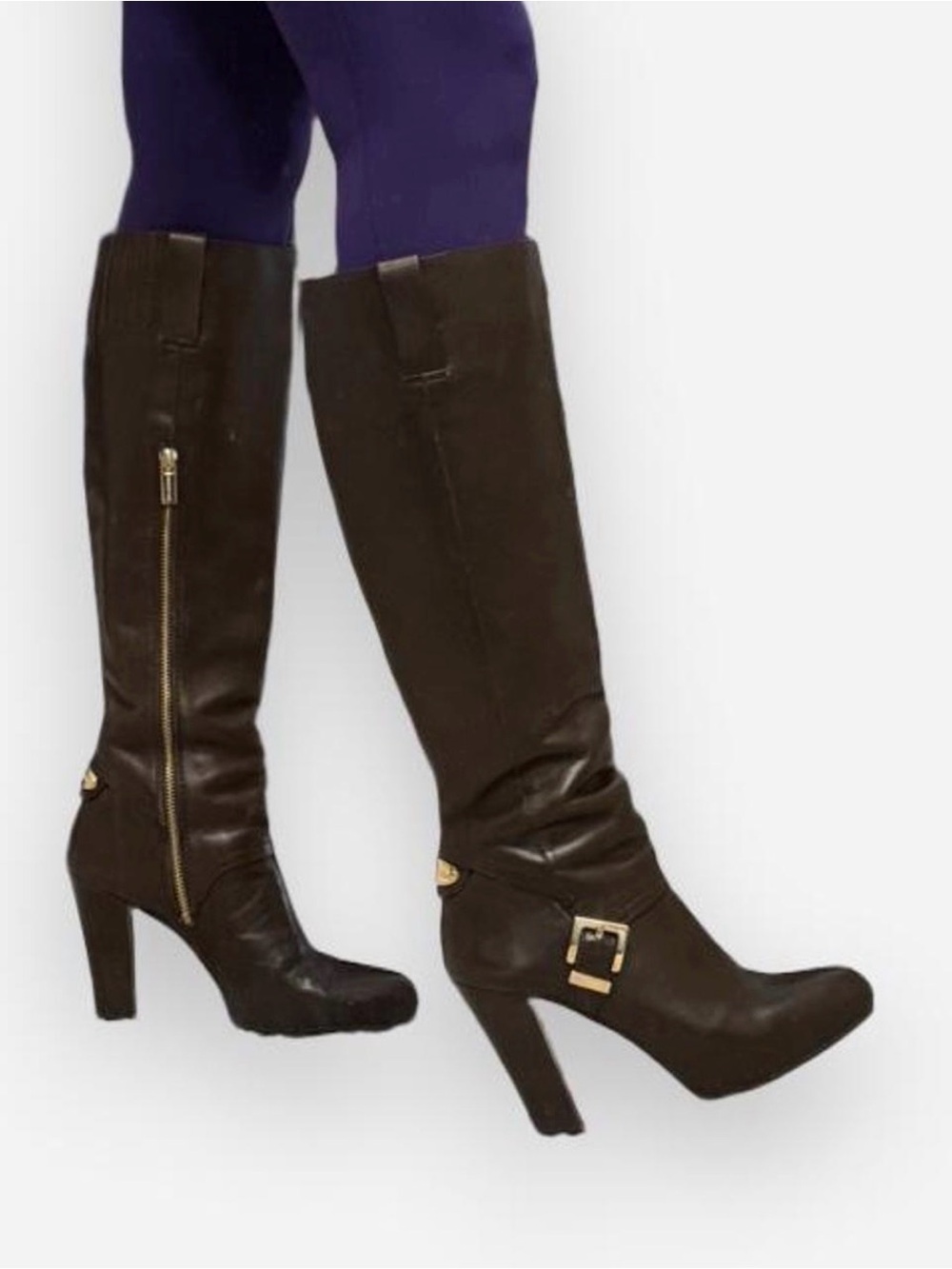 Michael Kors Women's Dark Brown Heeled Knee-High Boots with Gold SZ 8